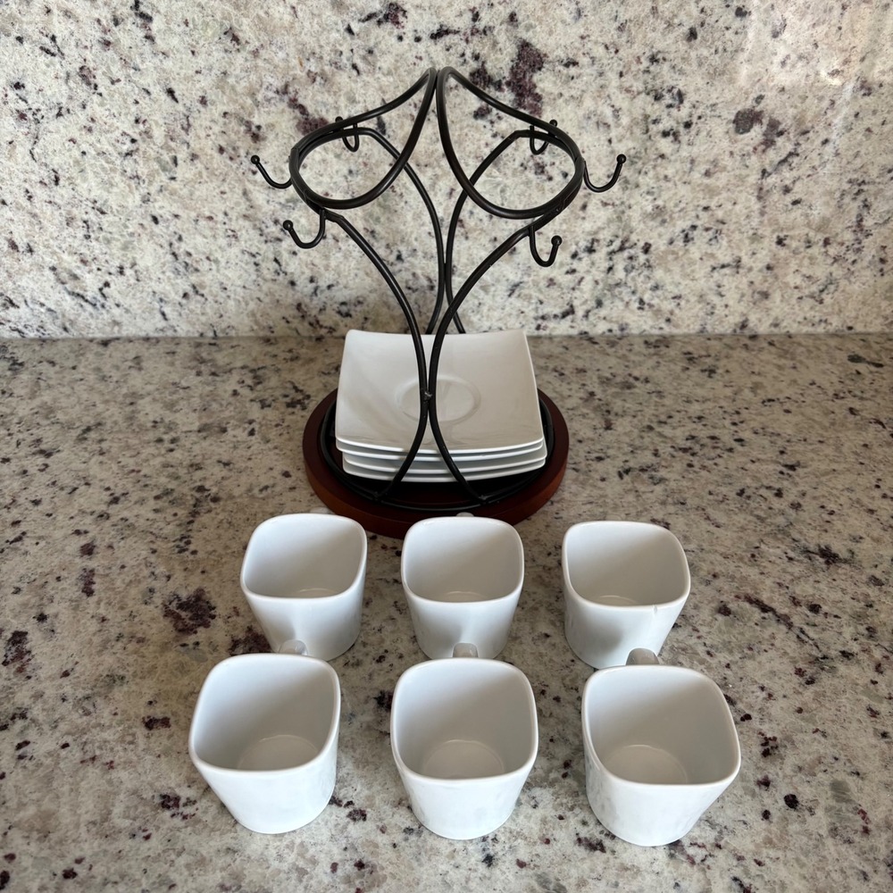 B. Smith Espresso Demitasse Set White Ceramic Square Cups Saucers Metal Rack - Picture 6 of 14